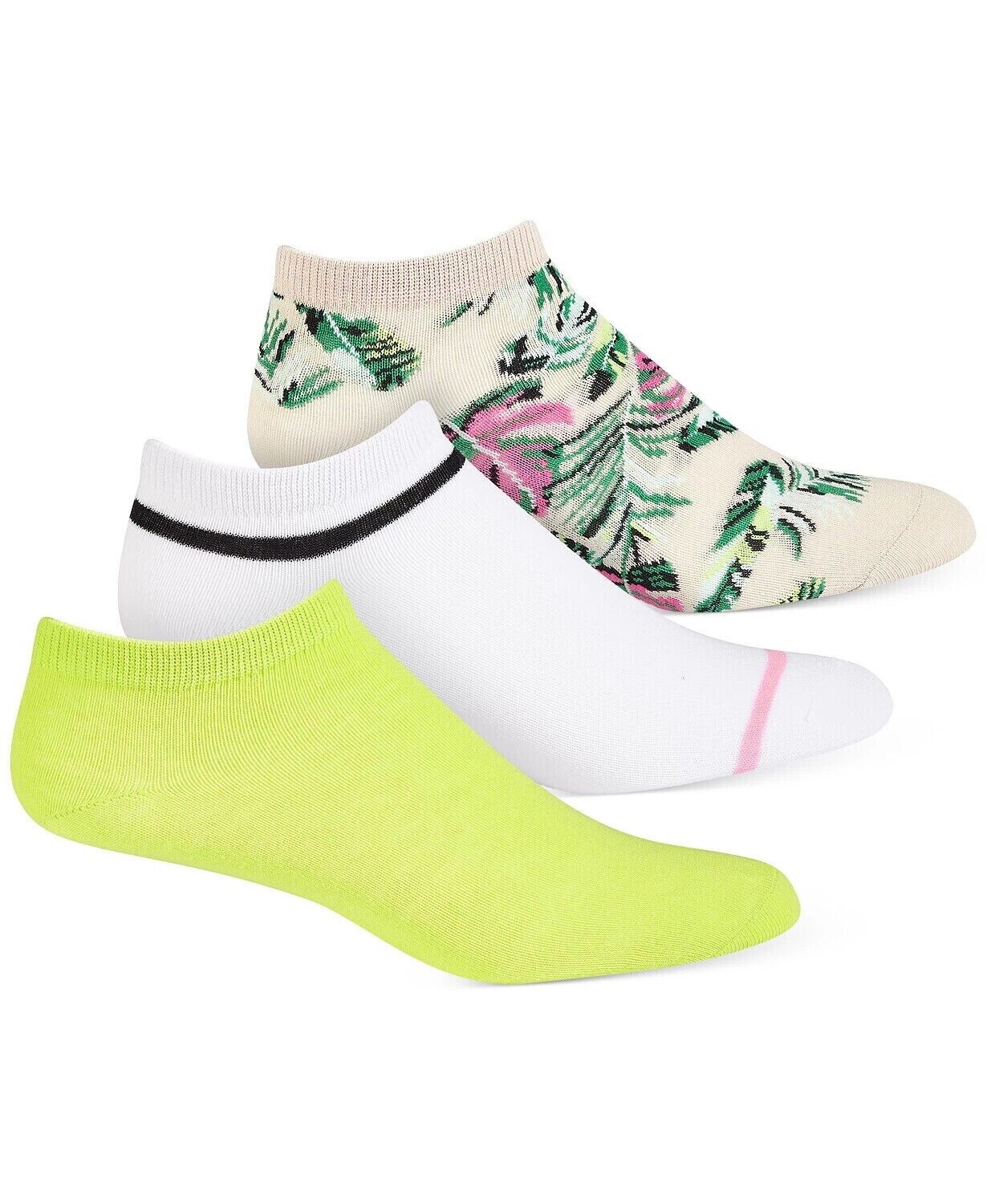 Jenni Ladies 3pk Palm Neon No-Show Socks, Shoe Size 5-9 Sock Size 9-11